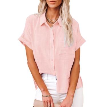 Imagem de Camisetas femininas de algodão, manga curta, verão, gola V, linho, praia, casual, com bolso no peito, B_rosa claro, P
