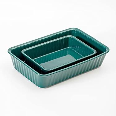 Imagem de Conjunto de 2 assadeiras de cerâmica, assadeiras retangulares, formas de lasanha para cozinhar, cozinha, bolo, jantar, banquete e uso diário, 30 x 20 cm e 23 x 15 cm de caçarola (esmeralda)