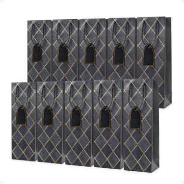 Imagem de Kit 10 Sacolas Para Garrafas De Vinho e Bebidas De Papel 35x11x9cm (Saco de Presente Com Etiqueta, Preta)