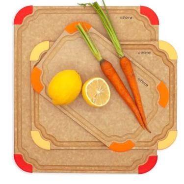 Imagem de Elihome Conjunto de tábua de corte de cozinha 3 em 1 da série premium, pés antiderrapantes, codificado por cores com ícone alimentar, fibra de madeira natural, lavável na lava-louças, ecológico,
