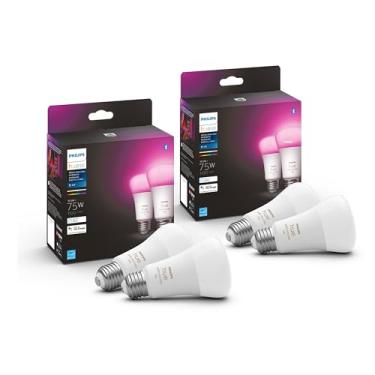 Imagem de Philips Hue 4-Pack White and Color A19 Medium Lumen Smart Bulb, 1100 Lumens, Bluetooth & Zigbee Compatible (Hue Hub Optional), Compatible with Alexa & Google Assistant