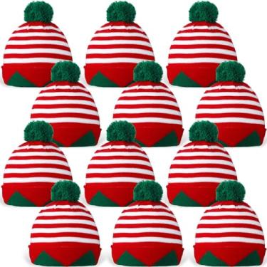 Imagem de ramede 12 peças de chapéu de elfo de Natal para adultos, gorro listrado para Natal, Natal, Ano Novo, vermelho, verde e branco, M