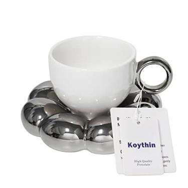 Imagem de Conjunto de caneca de café de cerâmica com pires Koythin Xícara fofa criativa com porta-copos de girassol para escritório e casa, 200 ml para chá com leite e latte (branco e prata com galvanoplastia)