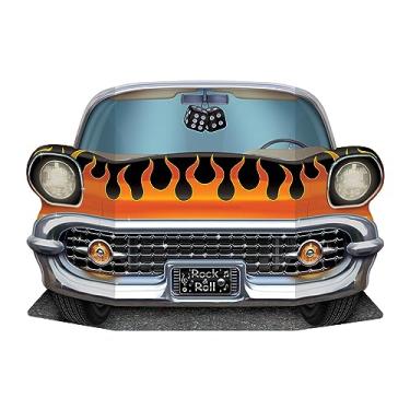 Imagem de Beistle Acessório para fotos Hot Rod dos anos 50 para decorações temáticas de festa dos anos 50, feito nos EUA desde 1900, 63,5 cm x 94 cm, laranja/preto/prata