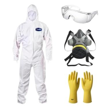 Imagem de Kit Macacão de Proteção Óculos de Segurança Sobrepor Incolor Máscara Respirador Luva de Proteção Látex EPI (Branco/Verde, M)