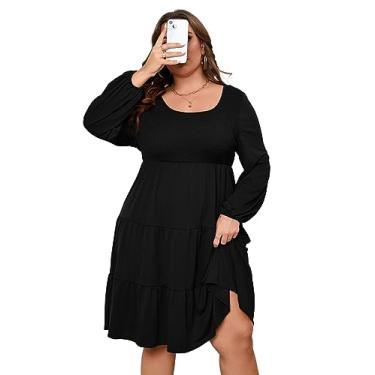 Imagem de KOJOOIN Vestido feminino plus size manga lanterna longa gola canoa cintura alta babados casual vestido midi, Manga comprida preta lisa, 3G