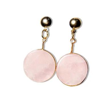 Imagem de Brinco Disco Pedra Quartzo Rosa Natural Tarracha Dourado - CristaisdeC