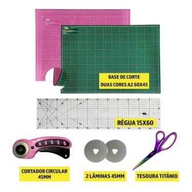 Imagem de Kit Base De Corte 60x45 Duas Cores Verde Rosa Régua 15x60 Tesoura de T