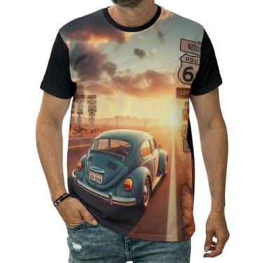 Imagem de Camiseta Fusca Azul Na Estrada 66 Carro Clássico Paisagem - Darkwood, 