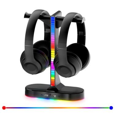 Imagem de Suporte duplo RGB para fone de ouvido com carregador USB, suporte duplo para fone de ouvido para jogos, 2 portas USB e porta de áudio de 3,5 mm, luz LED RGB para todos os fones de ouvido, mesa de