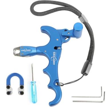 Imagem de AMEYXGS Lançamento de arco de arco para arcos compostos, alumínio durável com rotação de 360°, liberação do polegar com laço D, liberação de quatro dedos, sensibilidade ajustável, preto, vermelho,