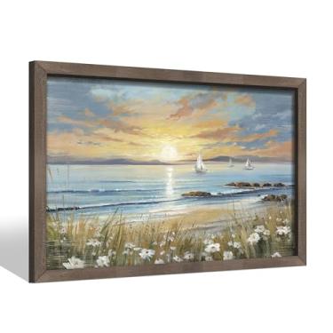Imagem de Arte de parede emoldurada de madeira de praia: Veleiro costeiro, onda, mar, litoral, pôr do sol, oceano, impressão de pintura à beira-mar, algas, floral, rochosa, paisagem marítima, decoração para