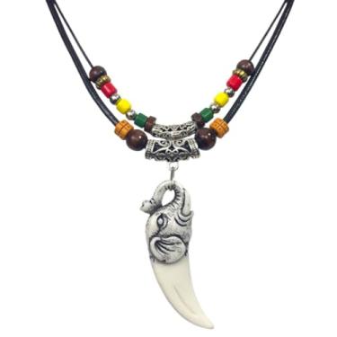 Imagem de Colar com pingente de elefante indiano de duas camadas para mulheres, homens, colar de dente para homens, colar de camadas duplas, Medium, Madeira, Sem Pedra Preciosa