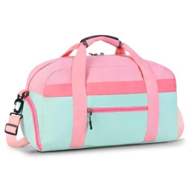 Imagem de WOOMADA Bolsa infantil para meninos ou meninas, bolsa noturna infantil com compartimento para sapatos e bolso molhado, ideal para prática escolar, esportes, viagens, Rosa, verde, 18"L x 10"H x 10"W
