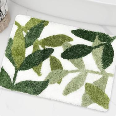 Imagem de ZebraSmile Tapetes de banheiro – Tapete de banho de 80 x 49 cm, folhas verdes, microfibra, forte, absorvente de água, antiderrapante, tapete fofo para banheiro