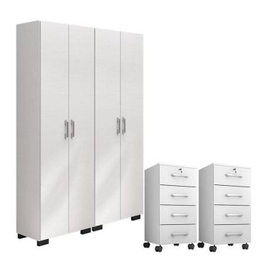 Imagem de Kit 2 Gaveteiros para Escritório Gávea com Chave e 2 Livreiros Office com Portas Grandes Branco Fosco - Móveis Leão