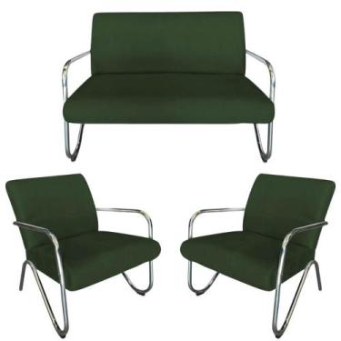 Imagem de Kit Namoradeira + 2 Poltronas Decorativa Bela Suede Verde Braço Cromad