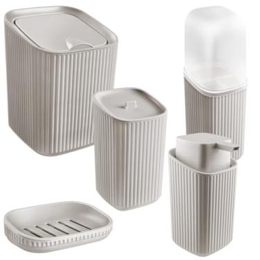 Imagem de Kit Banheiro Lixeira Porta Escova Porta Algodão e Saboneteira Dispenser 400ml (Cinza Claro)