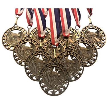 Imagem de Express Medals Medalhões de prêmio Lacrosse de metal fundido de 6 cm com acabamento em ouro antigo e fitas de pescoço vermelho, branco e azul - (pacote com 10)