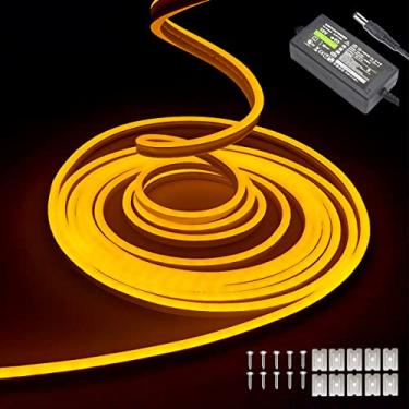 Imagem de dobestyou Fita de luzes LED neon amarelas – 5 m 12 V CC 600 SMD2835 LEDs à prova d'água corda flexível para decoração interna/externa (inclui adaptador de energia)