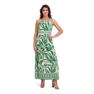 Imagem de London Times Vestido feminino maxi rodado cintura império macio leve verão vestidos, Creme/Verde Kelly, 48