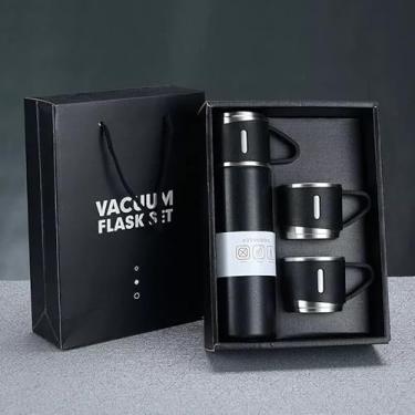 Imagem de Conjunto de Garrafa Térmica e Canecas, Preto Fosco, 1 Garrafa e 3 Canecas com Alça, Kit Presente