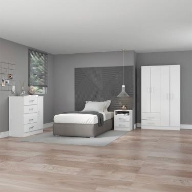 Imagem de Kit Quarto Solteiro com Guarda Roupa Cômoda Mesa Cabeceira Branco Menu Móveis