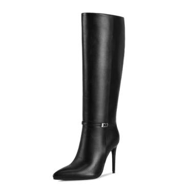 Imagem de wetkiss Botas de cano alto femininas com bico fino, botas de salto alto longas de couro sintético para mulheres, modernas e sexy, A - Preto, 39