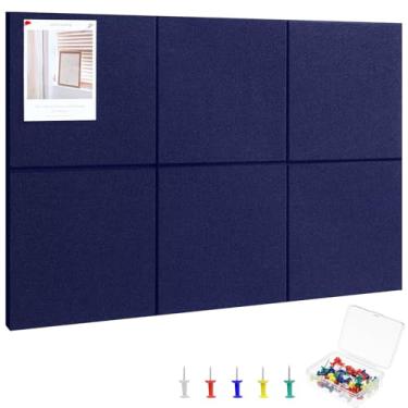 Imagem de Quadro grande de cortiça 91 cm x 61 cm, pacote com 6 azulejos de parede de feltro com pinos coloridos, quadro de avisos com tiras autoadesivas removíveis, quadro de pinos de cortiça para paredes