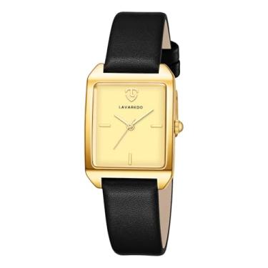 Imagem de L LAVAREDO Relógio feminino com pulseira de couro, impermeável, analógico, retangular, relógio de pulso feminino retrô, 001 - dourado e preto