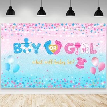 Imagem de AIBIIN Pano de fundo revelador de gênero menino ou menina O que será o bebê fundo fotográfico azul rosa balão estrelas chá de bebê revelação de gênero decorações de festa banner adereços de estúdio
