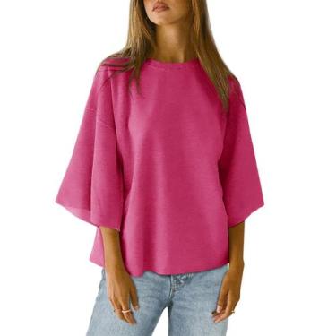 Imagem de Camiseta feminina Tankaneo de tamanho grande, manga 3/4, rosa vermelha