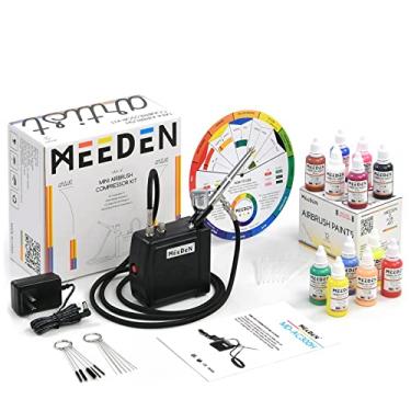 Imagem de MEEDEN Kit de aerógrafo multiuso - Mini compressor de aerógrafo portátil com 12 cores × 30 ml de tinta para aerógrafo - Pistola de aerógrafo de 0,5 mm de alimentação por gravidade para modelar bolos