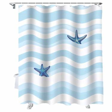 Imagem de BEMIGO Cortinas de chuveiro estrela-do-mar onduladas para banheiro, conjunto de cortina de chuveiro de tecido impermeável com ganchos, acessórios de banheiro listrados azuis e brancos 183 x 183 cm