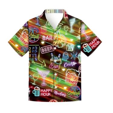 Imagem de Regenboog Camisa masculina neon, camisa havaiana casual de botão de manga curta, novidade engraçada impressa em 3D festa na praia, blusa neon, cerveja verde, M