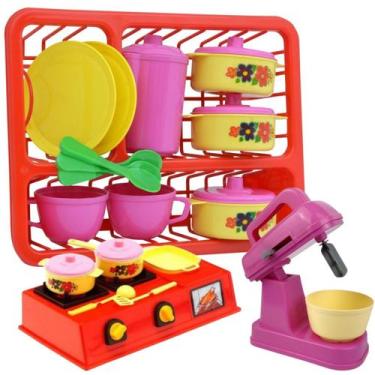 Imagem de Kit Cozinha Infantil Fogão Escorredor Louças Mini Batedeira - Divertoy