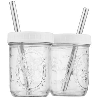 Imagem de Copos reutilizáveis de boca larga para Smoothie Cups Boba Tea Cups Bubble Tea Cups com tampas e canudos prateados, copos de vidro (pacote com 2, frascos de conserva de 473 ml) Brand Capsule Classic