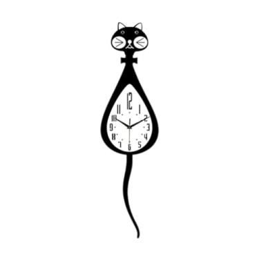 Imagem de Kuntesetty Relógio de parede em formato de gato com enfeite de pêndulo, minimalista, fácil, silencioso, para quarto, café, escritório, Cauda Reta