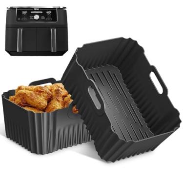 Imagem de 2 peças de forros de silicone para fritadeira a ar, forros de silicone reutilizáveis para Ninja DZ401, DZ550, DZ302, acessórios de fritadeira de ar duplo Ninja Foodi para cestas de fritadeira de 10