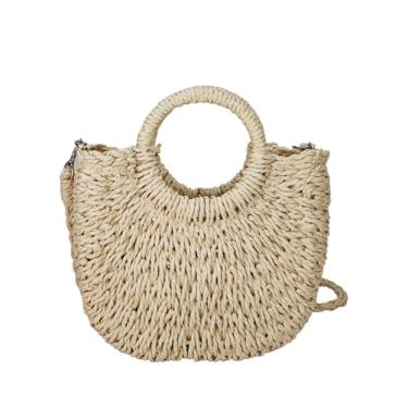 Imagem de COOLOYA Bolsa feminina de palha para praia de tecido, bolsa de ombro transversal, bolsa de mão com alça de verão com corrente, Creme, One Size
