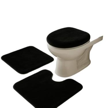 Imagem de Jogo de Tapetes para Banheiro 3 Peças - Algodão Pelúcia Super Macio e Antiderrapante | Conjunto com 2 Tapetes e 1 Capacho | Cores: Rosa, Preto, Branco, Marfim, Cinza (1 JOGO PRETO + 1 JOGO VINHO)