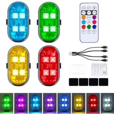 Imagem de 4 peças de luzes LED sem fio com controle remoto, 4 LEDs atualizados, 8 cores, luz estroboscópica de aviso anticolisão para carro, motocicleta, bicicleta, drone, aeronaves