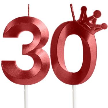 Imagem de Velas de aniversário de 30 anos para bolo, número 30 velas vermelhas com coroa, design 3D, enfeite de bolo de aniversário para mulheres, homens, festa de aniversário, casamento, celebração, decoração