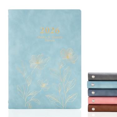 Imagem de KaiRuiYing Caderno de agenda recarregável A5 tamanho 6 anéis de couro PU diário com bolsos, divisórias, refil de papel (flores - azul claro)
