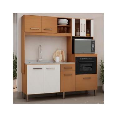 Imagem de Cozinha Compacta Genialflex Space com 8 Portas, 1 Gaveta, 2 Prateleiras e 186cm de largura – Freijó/White Laca