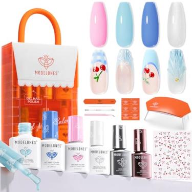 Imagem de modelones Kit De Esmalte Em Gel Verão Com Luz Uv, Glitter Branco Perolado, Azul Bebê, Rosa Claro, Conjunto Manicure, Adesivos Cereja, Base E Top Coat, 4 Cores, Mini Presente Primavera Para Iniciante