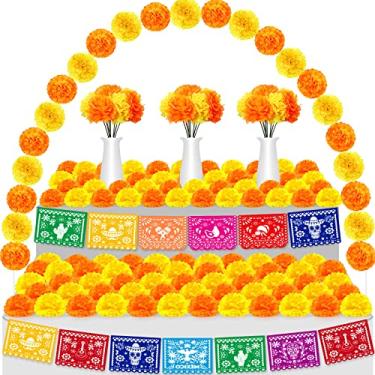 Imagem de 118 peças decorações de festa mexicana incluem flores de calêndula Dia de Los Muertos Banner para o Dia dos Mortos Cinco de Maio Festa Mexicana Diwali Suprimentos (Laranja e Amarelo)