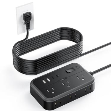 Imagem de NTONPOWER Cabos de extensão de 2 pinos de 4,5 m, régua de alimentação de 2 pinos com 2 USB C + 2 USB A, plugue plano protetor contra surtos de 2 pinos com 6 tomadas CA, 1875W/1080J Adaptador de tomada