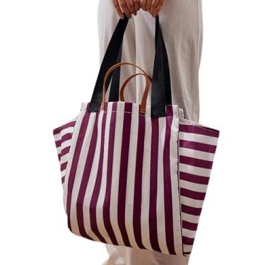 Imagem de Magalis Bolsa Sorali – Listras marrons | Bolsa de tecido listrado sofisticado, alças duplas, grande capacidade