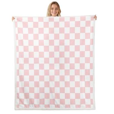 Imagem de Manfei Cobertor quadriculado rosa branco reversível geométrico xadrez quadrado felpudo, decoração de quarto de princesa menina, mantas de lã xadrez de malha para cama, sofá, macio e respirável (101 x